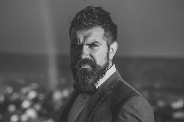 Guy with concentrated face in suit. Hipster with stylish hairdo — Stock Photo, Image