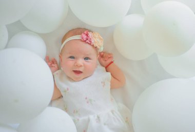 Anne ile vakit geçirmek çok güzeldir. Çocukluk mutluluk. Beyaz balonlar mutlu küçük çocuk portresi. Küçük kız. Doğum günün kutlu olsun. Tatlı küçük bebek. Yeni bir hayat ve Doğum. Aile. Çocuk Bakımı