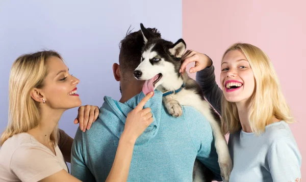 Jogue com seu cão para ajudá-lo a viver ao máximo. Família feliz se divertir com cão husky. Mulheres felizes e homens brincam com animais de estimação da família. Amigos com raça de cão de raça pura. Pet sitters cuidar do animal de estimação — Fotografia de Stock