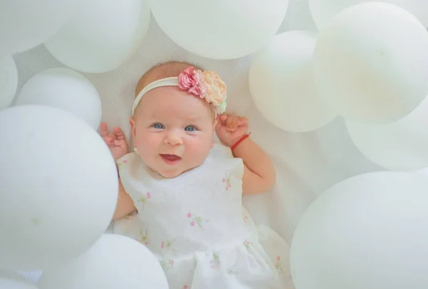 It is so nice to spend time with mommy. Childhood happiness. Portrait of happy little child in white balloons. Small girl. Happy birthday. Sweet little baby. New life and birth. Family. Child care