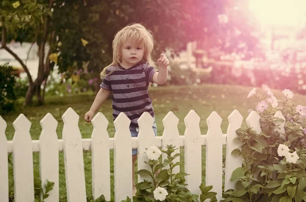 Petit garçon enfant extérieur près de clôture en bois blanc — Photo