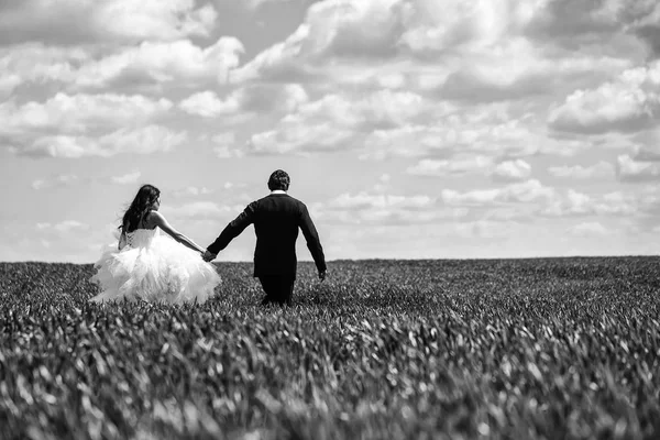 evlilik çift yeşil çim ve mavi gökyüzü