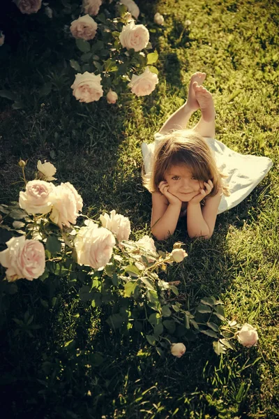 Παιδί με χαριτωμένο χαμόγελο στο τριαντάφυλλο λουλούδια που ανθίζουν — Φωτογραφία Αρχείου