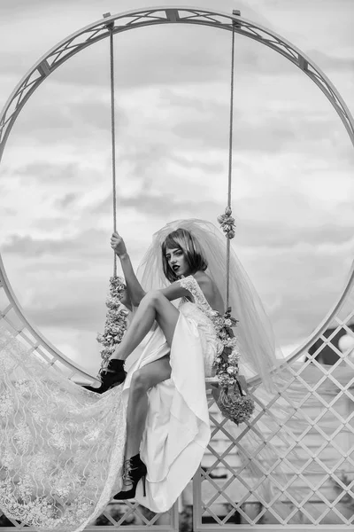 Bride with orange hair near swing — Stock Photo, Image