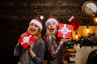 Şehvetli genç iki kız. Noel moda. Mevsimlik Noel Satış iskontoları tatil. Noel hazırlık. Noel hediyesi. Mutlu yeni parti.