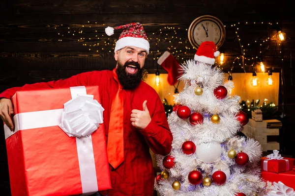 Feliz Pai Natal. Emoções de presentes. Preparação de Natal. Explosão de brilho. Férias de Natal. Hipster Papai Noel . — Fotografia de Stock