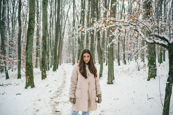 Chica sensual morena invierno posando y divirtiéndose. riéndose chica al aire libre . — Foto de Stock