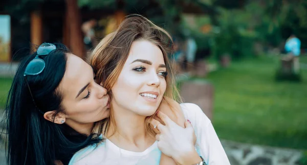 Love and desire. Lesbian couple in love. Lesbian women with sensual look. Loving couple of lesbian lovers kissing. Sexy women in romantic relationship. Lesbian partnership. Freedom and equality — Stock Photo, Image