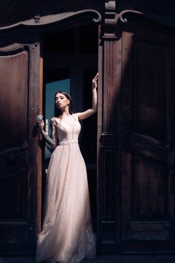 Şık düğün salonu gelin için bekliyor. Mutlu Gelin düğünden önce. Harika gelin kıyafeti. Güzel gelinlik butik. kadın düğün için hazırlanıyor. Hayalleri gerçek oldu. Gelin olmak