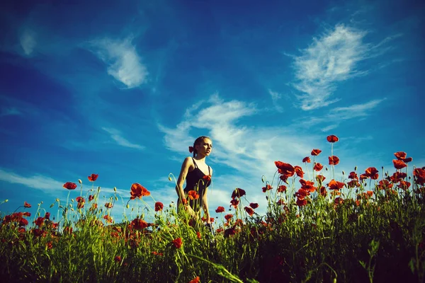 Modèle de beauté ou fille dans le champ de fleurs de graines de pavot — Photo