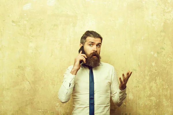 Manager o uomo barbuto con la barba lunga parlando al telefono — Foto Stock