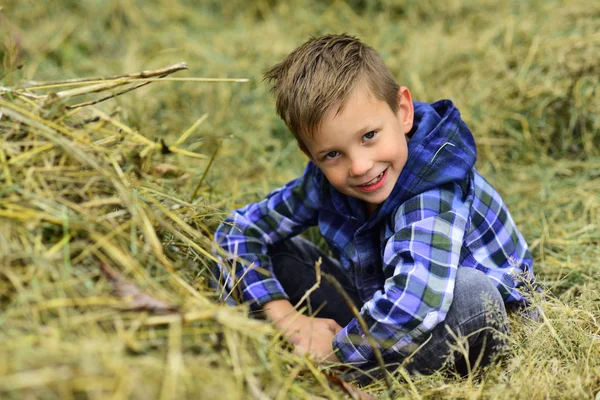 작은 농부. 작은 농장 소년. 소년 농부 건초에서 휴식. 작은 아이 시골에서 휴가 즐길 수 있습니다. 유기 농장에 자라 — 스톡 사진
