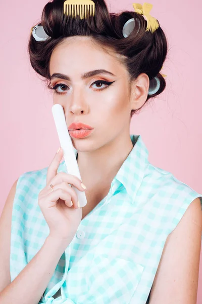 retro woman with fashion makeup and hair. vintage housewife woman make manicure. happy girl grooming in morning. beauty salon and hairdresser. Pin up girl. Feeling flirty. Gorgeous and beautiful