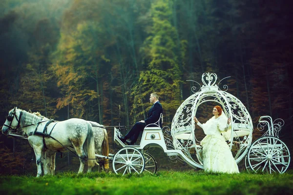 Couple de mariage en calèche — Photo