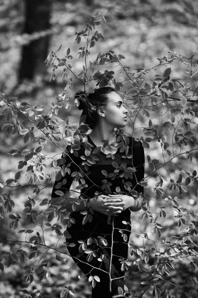 新鮮な若い、緑の木の葉に隠れている女の子 — ストック写真