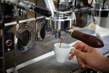 Herkes sevdikleri kahve alabilir miyim. Kahve fincanı. Espresso ile portafilter yapma. Küçük bir fincan sıcak kahve içecek hizmet etmek. Bira kahve espresso makinesi ile. Espresso kahvesi içinde demlenmiş