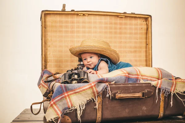 Joyful mood. Family. Child care. Small girl in suitcase. Traveling and adventure. Portrait of happy little child. Childhood happiness. Photo journalist. Sweet little baby. New life and birth — Stock Photo, Image