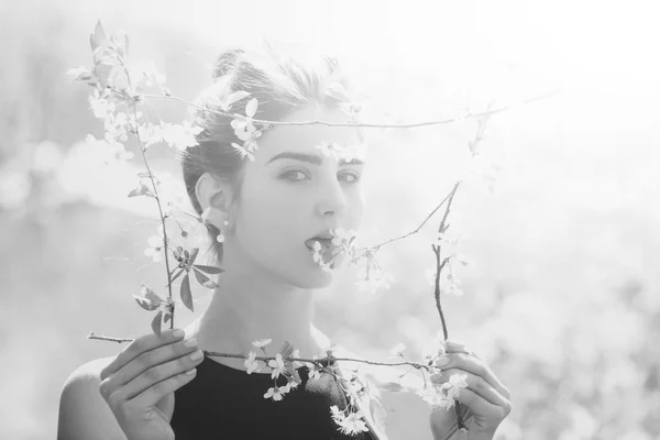 Primavera Menina Mulher Bonito Com Cabelo Morena Segurando Quadro Flores — Fotografia de Stock