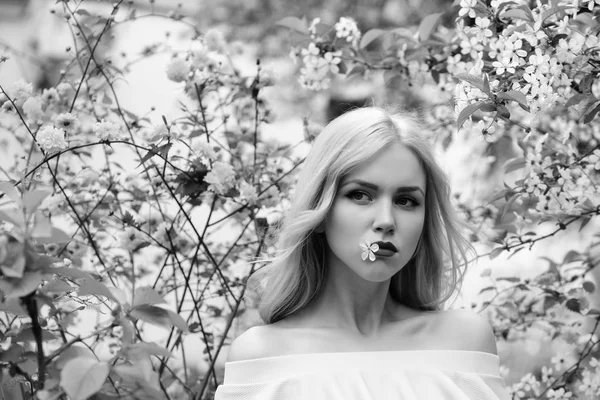 Jovem bela mulher perto de árvore de cereja com flores — Fotografia de Stock