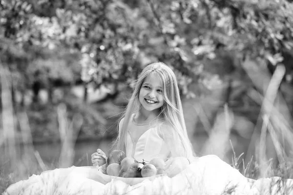 Маленькая девочка в платье с корзиной фруктов — стоковое фото
