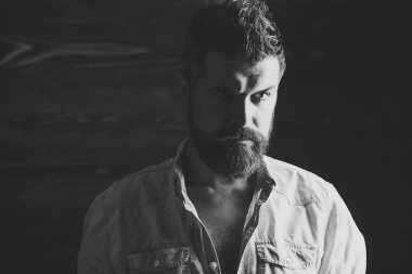 Ciddi hipster berber dükkanı şarkısı, bak. Berber ve Kuaför Salonu. Saç kesimi sakallı adam, Milli. Moda ve adam ağaran erkek güzellik. Sakal ve bıyık ahşap arka plan üzerinde olan adam.