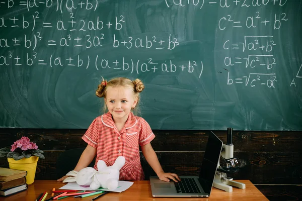 Lilla barnet har skolan lektion i matematik. Söt flicka göra summor på matematik på svarta tavlan. Matematik är för smart — Stockfoto