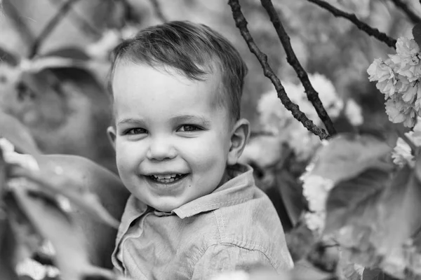 Niedlicher glücklicher Junge lächelt in den Armen seiner Mutter inmitten blühender Blumen — Stockfoto