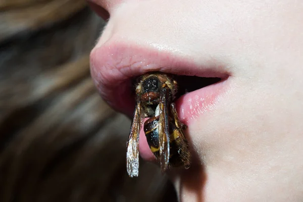 Chica de moda de belleza con abeja en los labios. mujer con piel sana. levantamiento de miel. leche de abeja Jalea real producto ecológico. chica con abeja. endurecimiento del lifting facial de la piel. Fiesta de máscaras de Halloween — Foto de Stock