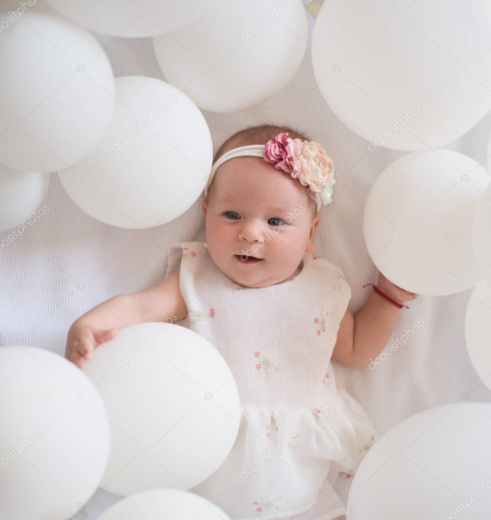 Happy birthday. Family. Child care. Childrens day. Small girl. Happy birthday. Portrait of happy little child in white balloons. Childhood happiness. Sweet little baby. New life and birth