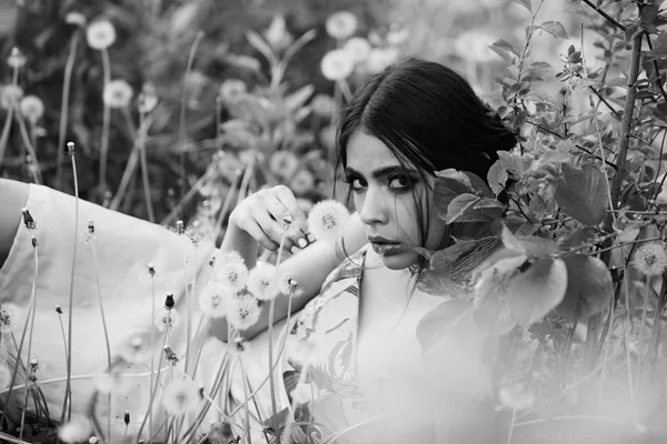 Campo de diente de león y chica bonita con maquillaje de moda — Foto de Stock