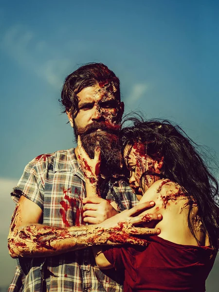 Zombie vousatý muž a dívka — Stock fotografie