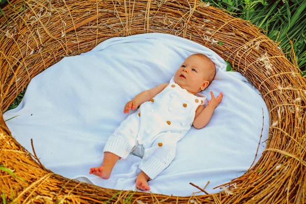 Lilla baby bad. Nyfödd baby i korg babysäng. Liten pojke eller flicka koppla av utomhus. Barnavård och behandling. Hälso-och sjukvård. BADFLICKA — Stockfoto