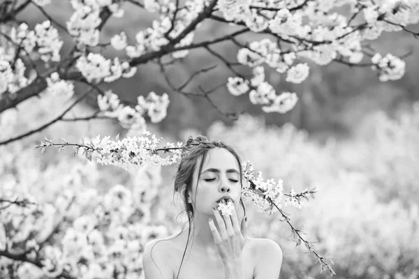 Vårblomma i cherry trädgård med vacker ung flicka — Stockfoto