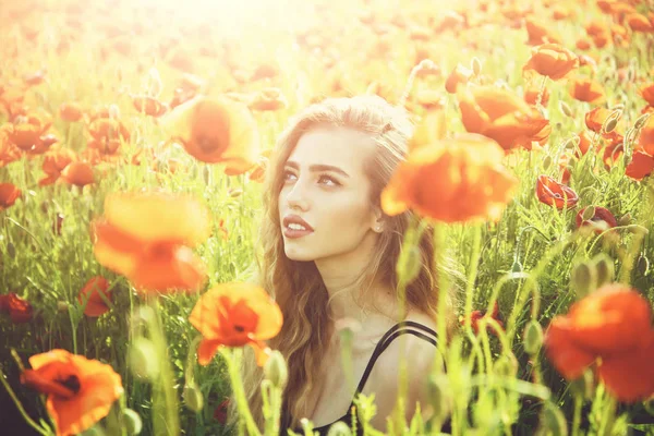 Jolie femme ou fille dans le champ de graines de pavot — Photo