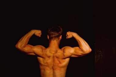 Kas kavramı. Vücut geliştirmeci güçlü kas gövde arka ile. Adale adam esnek pazı ve triceps. Kas bina egzersiz