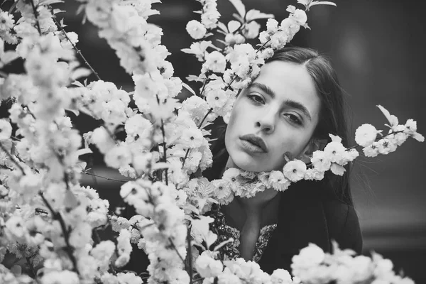 Kiraz ağacı pembe çiçekler, güzellik ile genç kadın. Bahar gününde çiçek açması sakura kızla. Paskalya tatili kutlama kavramı. Bahar doğa, güzellik, yeni hayat, çevre.