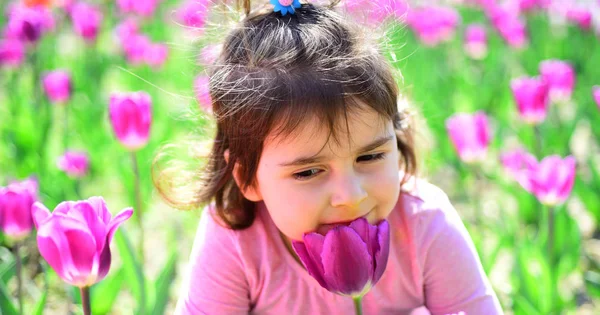 Vida Nova. Menina na primavera ensolarada. Criança pequena. Beleza natural. Dia das crianças. rosto e cuidados com a pele. alergia às flores. Moda menina de verão. Feliz infância. Tulipas da Primavera. previsão meteorológica — Fotografia de Stock