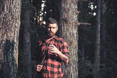 Genç yakışıklı çekici sakallı model adam ormanda