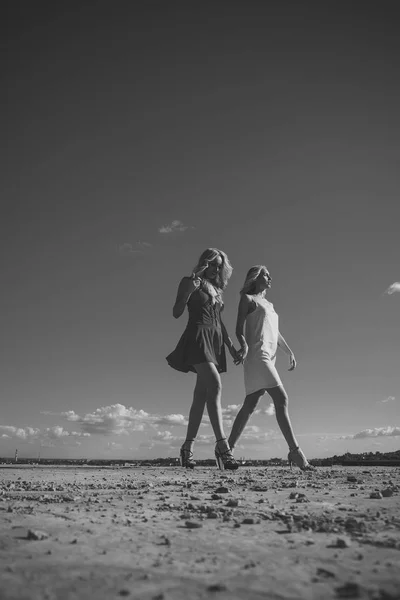 夏に双子は青い空を背景に歩く. — ストック写真
