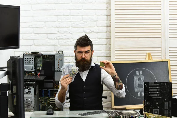 Start mining immediately. Virtual or digital currency. Bitcoin miner man in server room. Bearded man bitcoiner. Bearded businessman with computer circuits and dollars. Cryptocurrency mining hardware