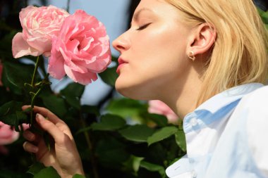 Şehvetli güzellik. Çiçekli pembe Gül çalı genç kadın. Güzel kadın koku yaz bahçesinde çiçekler yükseldi. Şehvetli kadın çiçek çiçek tadını çıkarın. Yaz çiçek çiçek