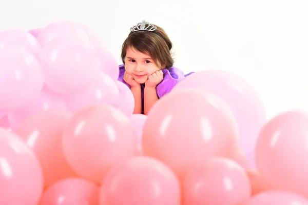 Childrens day. Small pretty child. Kid fashion. Little miss in beautiful dress. Childhood and happiness. Little girl in princess dress. Party balloons. Happy birthday. My cheekbones on point today — Stockfoto