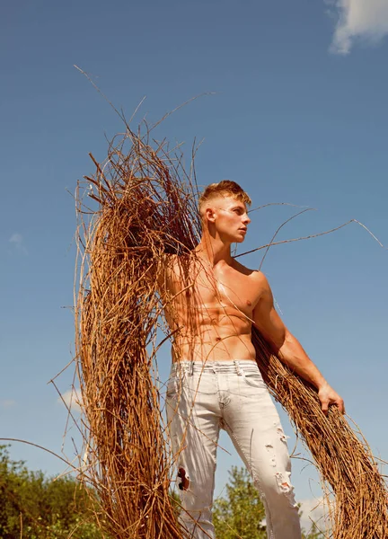 Hij kreeg de perfecte torso. Man ontwikkelen sterkte uitvoering van kreupelhout. Sport man met spierkracht. Sterke man met zes pack abs. Man van spier. Hij houdt van sport — Stockfoto