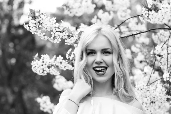 Meisje in mooie cherry bloemen witte kleur boom — Stockfoto