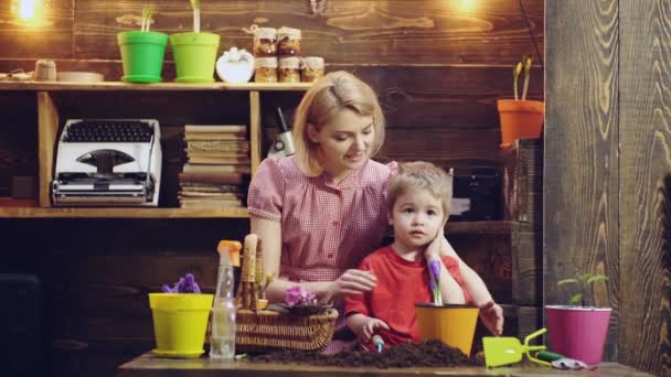 Niño lindo ayuda a su madre a cuidar de las plantas. Pequeño jardinero ayuda a mamá a plantar flores en una olla. Concepto de primavera, naturaleza y cuidado. Jardinero chico soñador — Vídeos de Stock