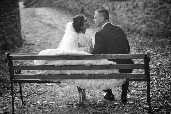 Couple de mariage sur banc — Photo