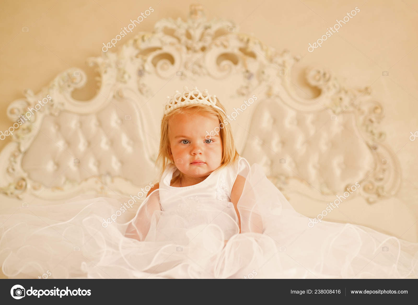 Fairytale Princess Small Blond Child Sit On Bed Little Girl Wear