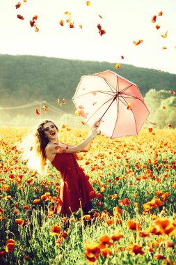 şemsiye pembe renk kırmızı gelincik alanındaki kız