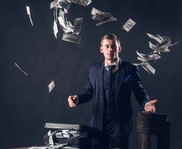 Small business concept. Man in suit. Mafia. Making money. Businessman work in accountant office. Economy and finance. Man bookkeeper. Money transaction. Developing new approaches — Stock Photo, Image