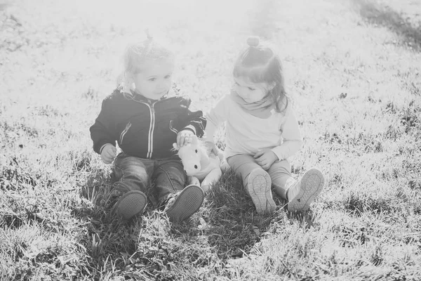 Kız ve erkek kardeş güneşli günde oyuncak at ile oynamak